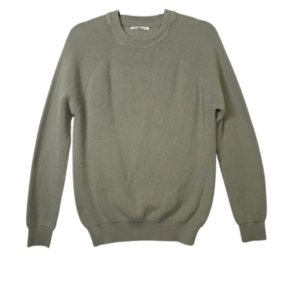 ZARA Rib Knit Raglan Sweater Sage Green Medium 100% Cotton Crew Neck Pullover M